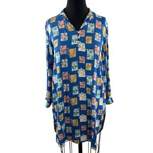 Nishat Linen Pret Blue Tunic Dress Floral Hawaiian Collar Curved Hem X-Small XS
